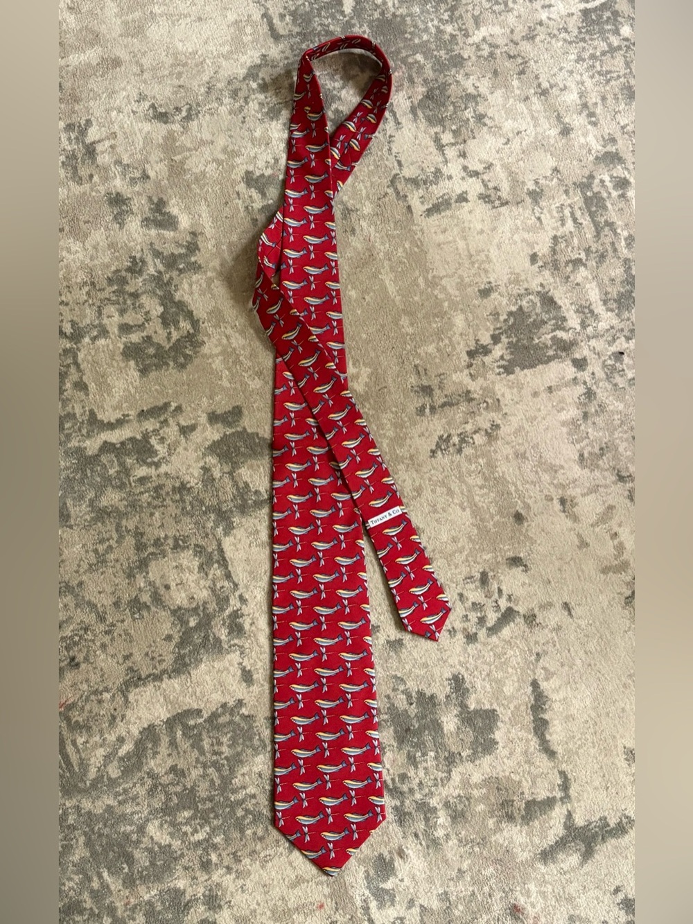 Tiffany & Co. Silk Tie in Red & Blue with Trout & Dragonfly Pattern - Like New